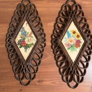 Vintage Floral Wall Plaques in Brown with Multicolor Flowers (Pair)